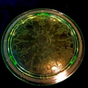 Vaseline Green Glass Footed Serving Plate